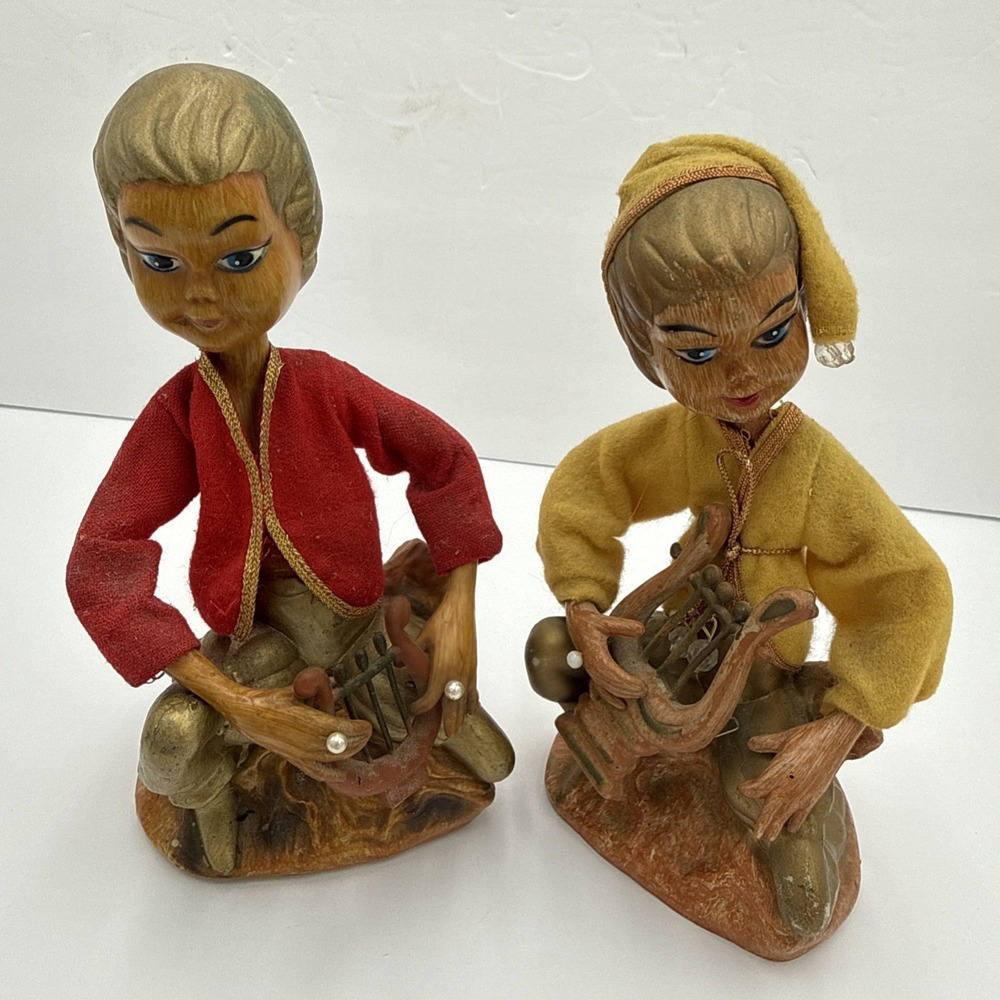Vintage Hong Kong Musician Figurines Set Boy Girl Lyre‎ Players MCM Kitsch 1960s